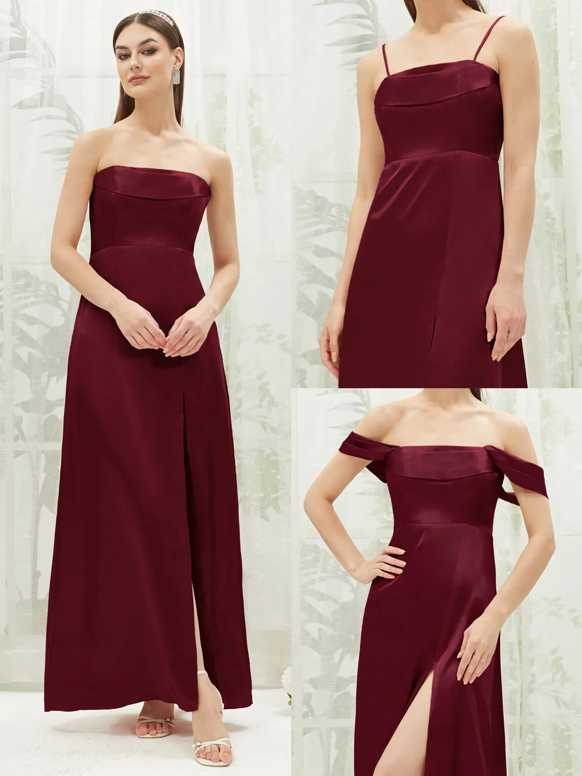 Burgundy Satin Convertible Slit Floor Length  Bridesmaid Dresses