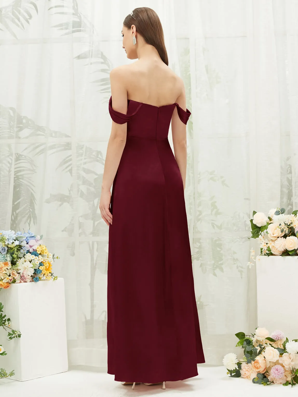 Burgundy Satin Convertible Slit Floor Length  Bridesmaid Dresses