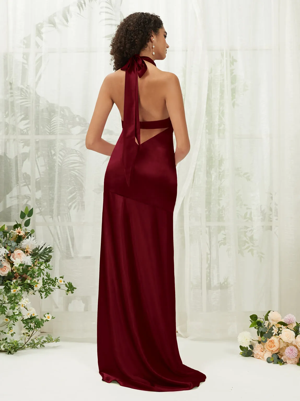 Burgundy Satin Halter Neck Sleeveless Maxi Bridesmaid Dress With Slit