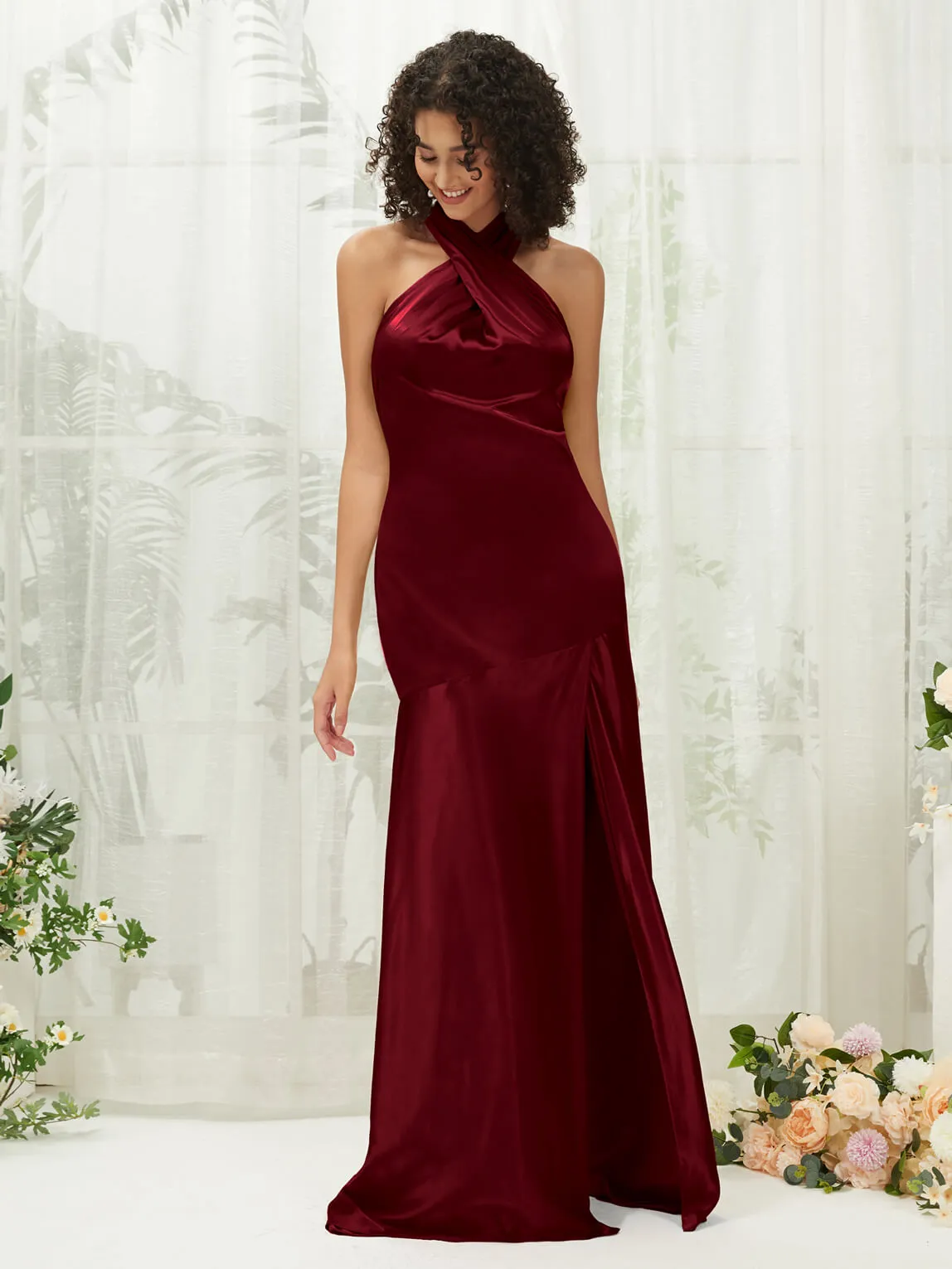 Burgundy Satin Halter Neck Sleeveless Maxi Bridesmaid Dress With Slit