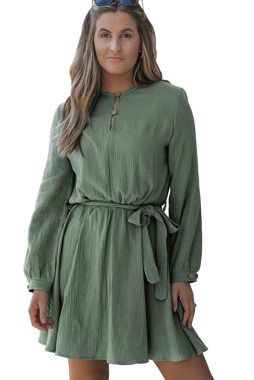 Button Neck Belted Pleated Mini Dress