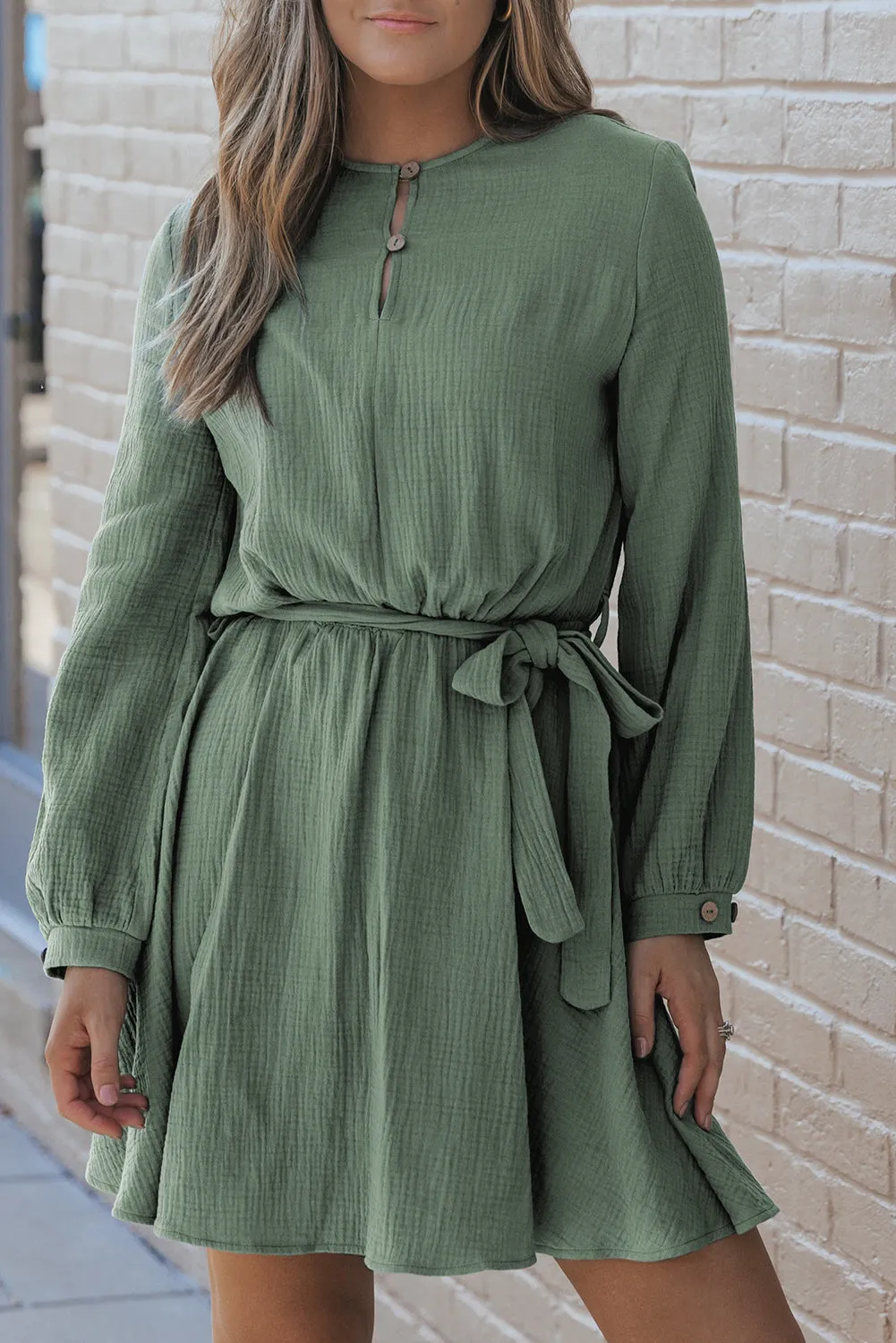 Button Neck Belted Pleated Mini Dress