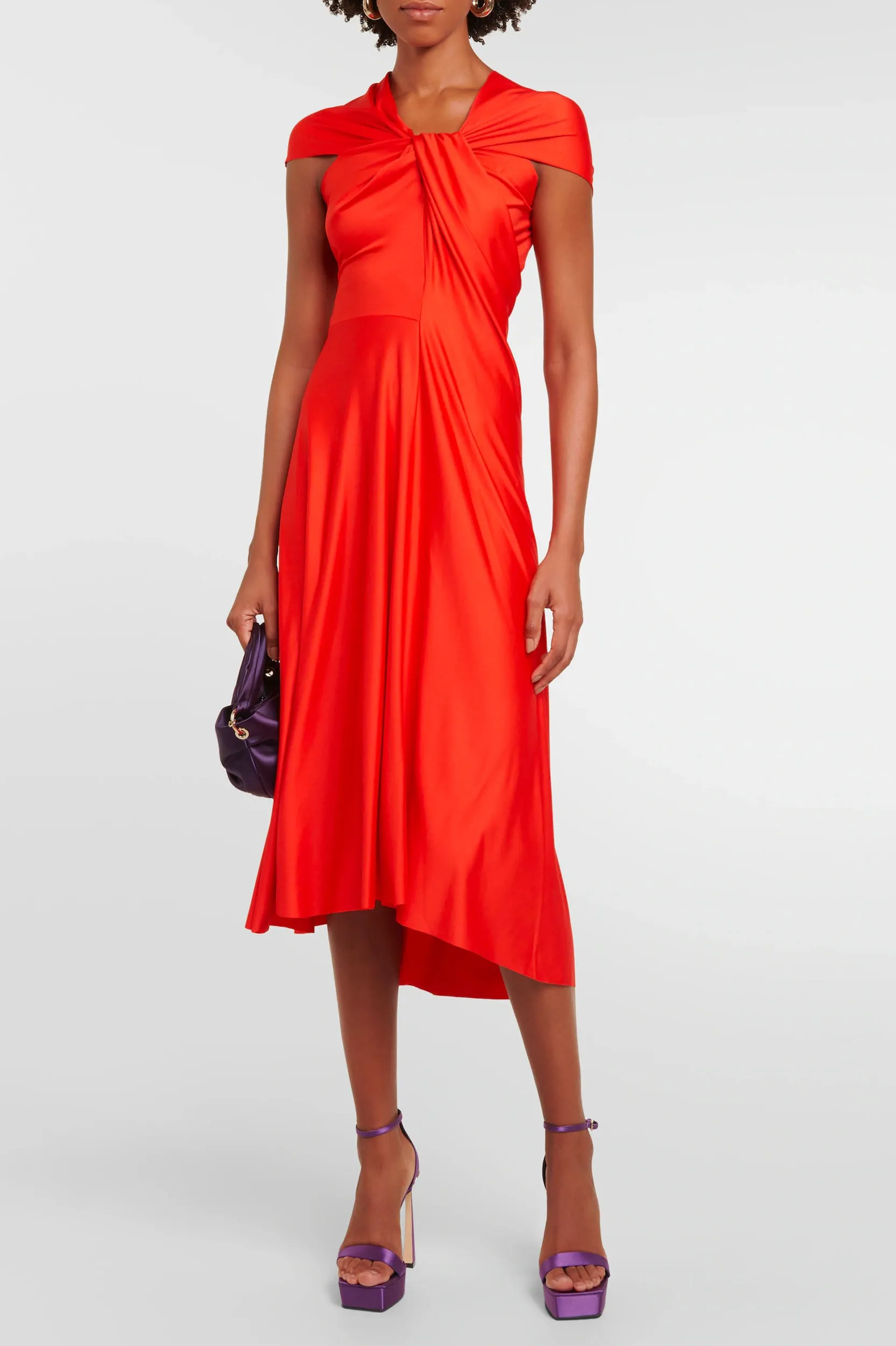 Cap Sleeve Draped Dress in Red