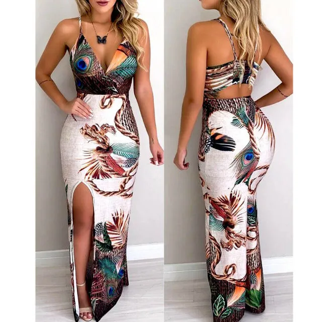 Casual Summer Beach Long Sundress Floral  Women Sexy Sleeveless Bodycon Dress also for Evening Party