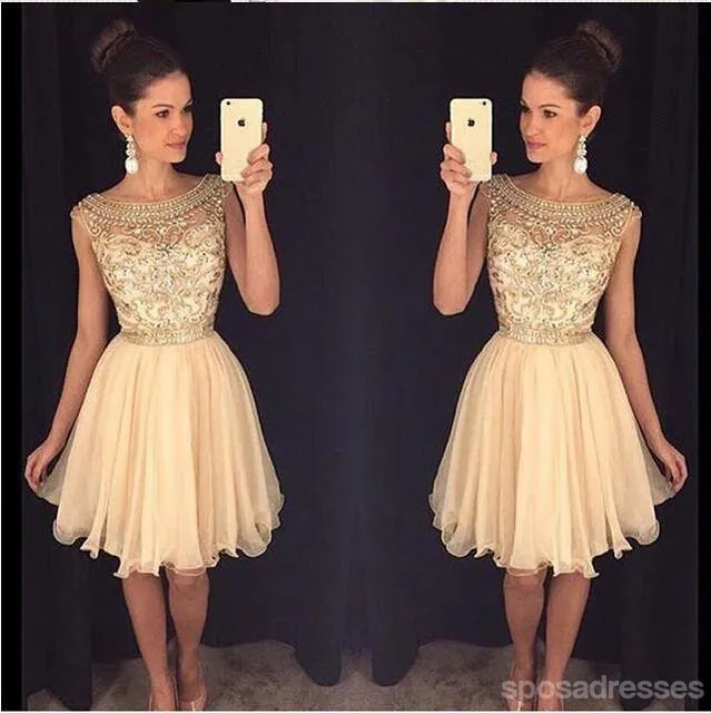 Champagne beaded See through Sexy homecoming prom dresses, CM0011