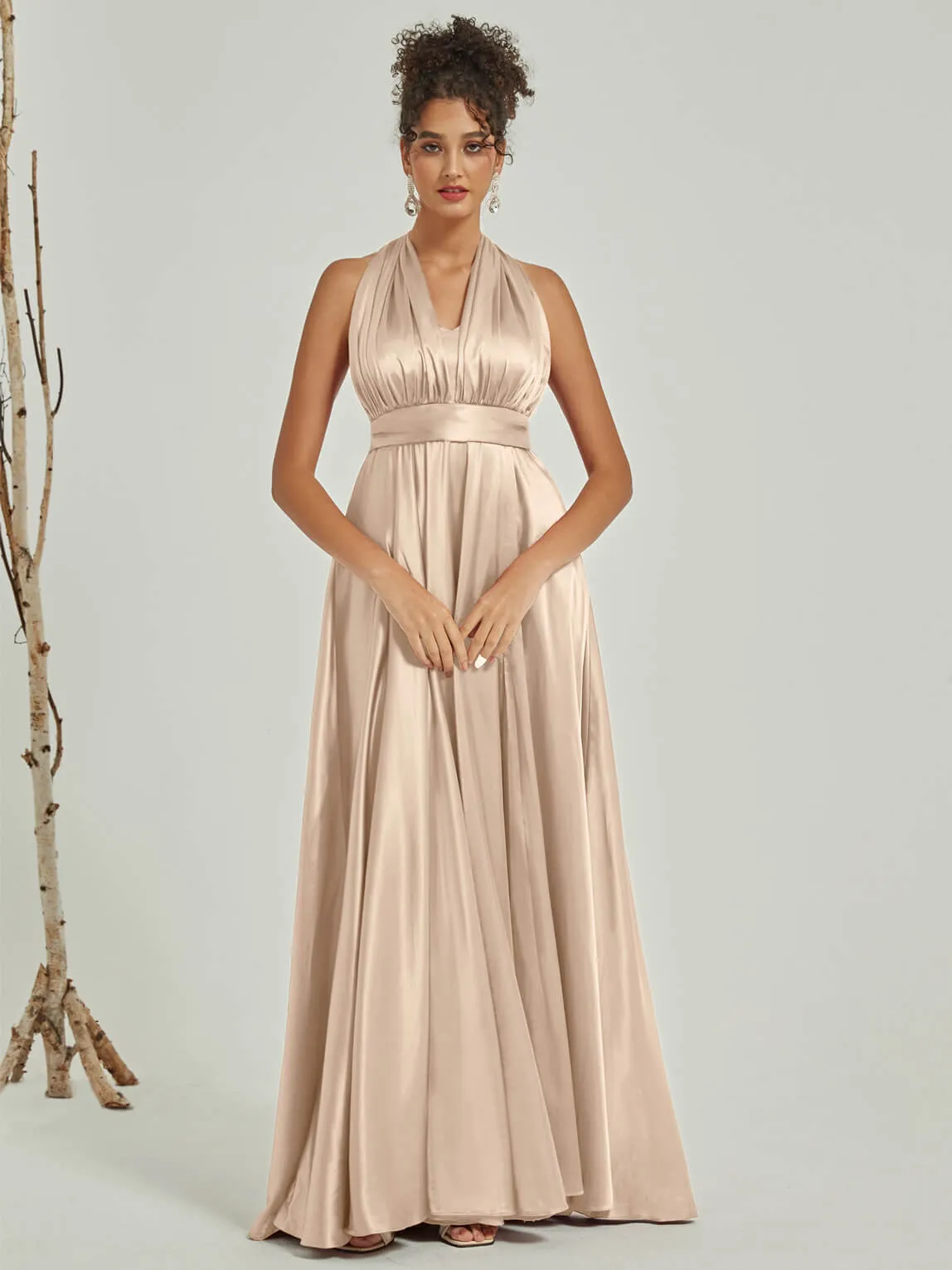 Champagne Satin Convertible Bridesmaid Dress Multi Ways Wrap A-Line Gowns