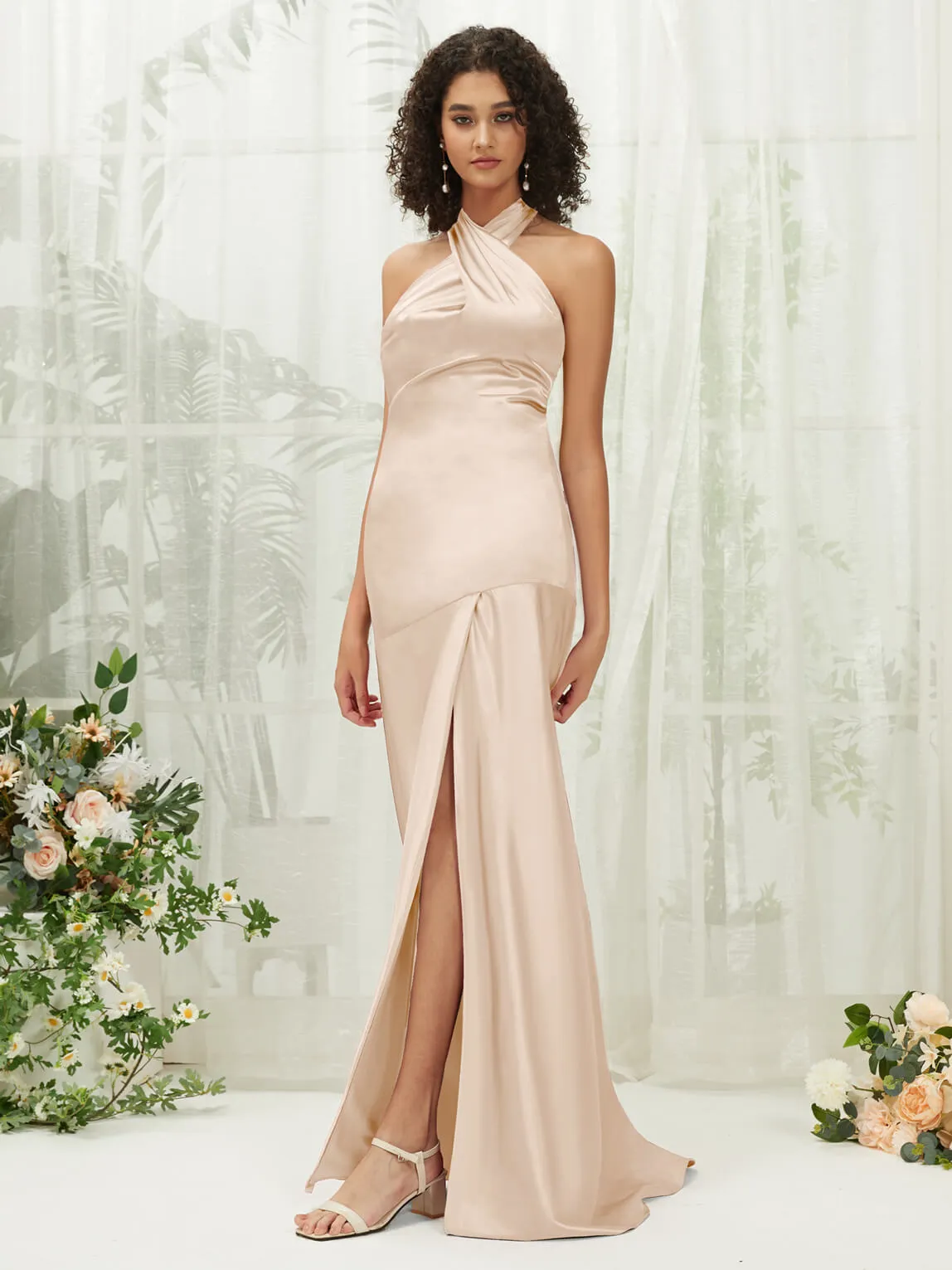 Champagne Satin Halter Neck Sleeveless Maxi Bridesmaid Dress With Slit