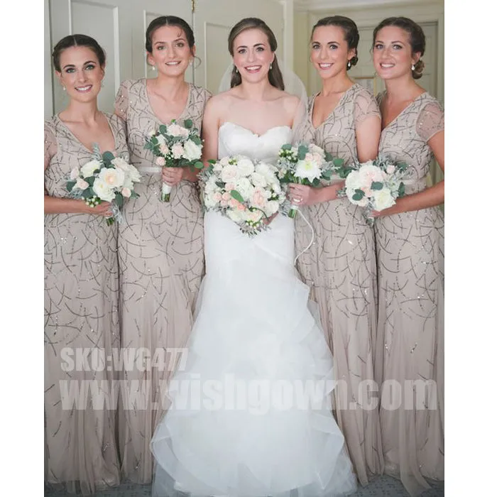 Charming Short Sleeves Beading Popular Long Wedding Bridesmaid Dresses, WG477