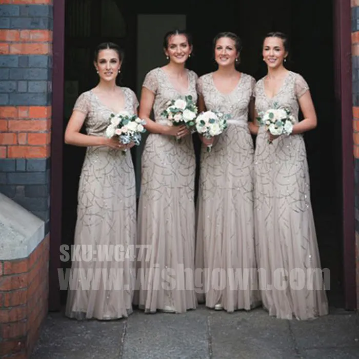 Charming Short Sleeves Beading Popular Long Wedding Bridesmaid Dresses, WG477