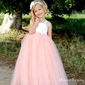 Charming Square Pink Tulle Long Cheap Flower Girl Dresses, FGS0002