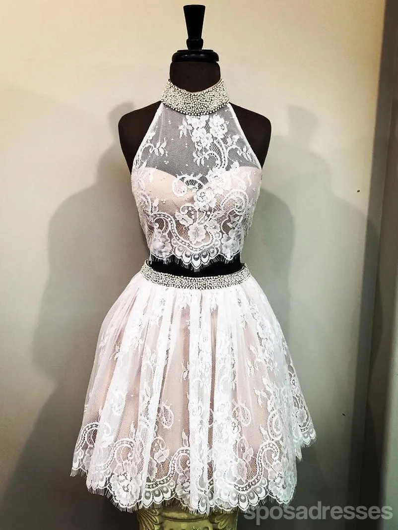 Cheap Halter Two Piece Cute Lace Homecoming Dresses 2018, CM497