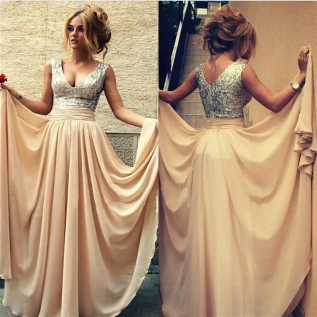 Cheap Off Shoulder Sparkle V-Neck Long Chiffon Charming Party Evening Prom Dresses, PD0080