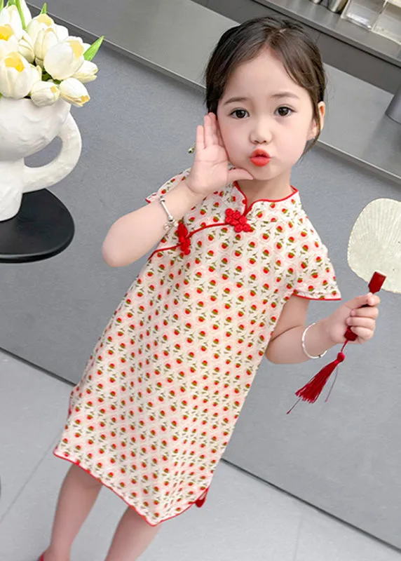 Chic Red Print Side Open Kids Holiday Long Dress Short Sleeve MN020