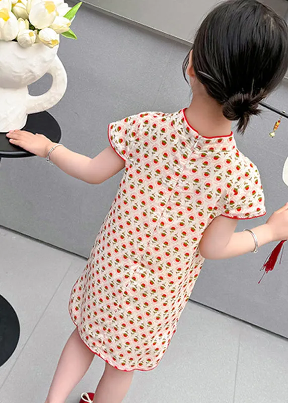 Chic Red Print Side Open Kids Holiday Long Dress Short Sleeve MN020