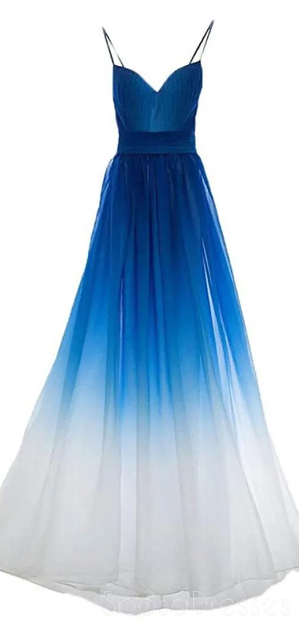 Chiffon Blue Ombre Spaghetti Straps Cheap Long Evening Prom Dresses,  Sweet16 Dresses, 18392