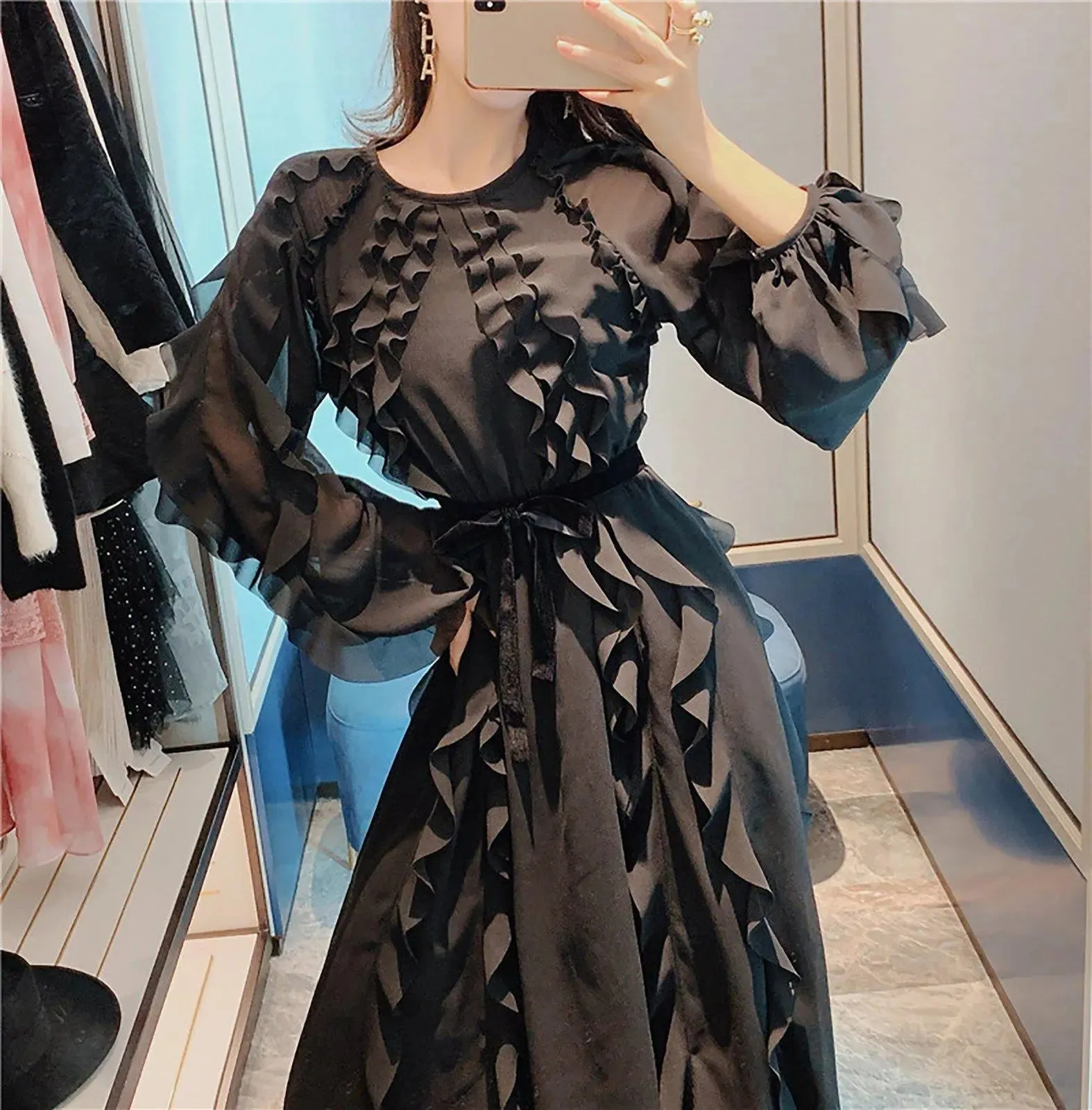 Chiffon Ruffled Long Sleeve Midi Dress