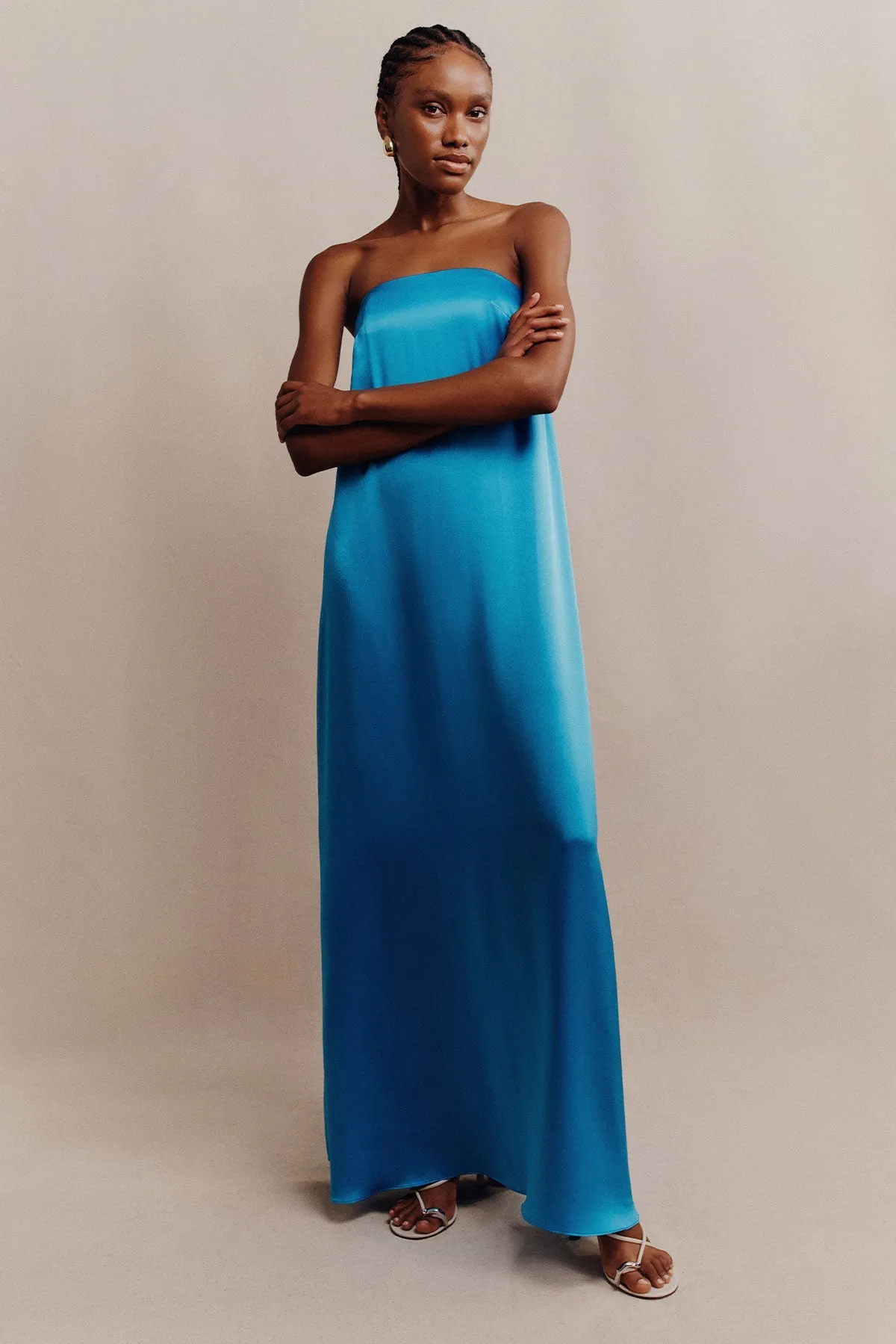 CIEL SILK STRAPLESS COLUMN MAXI DRESS