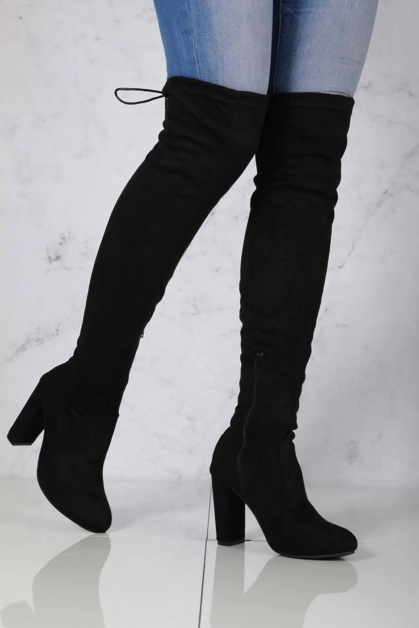 Cinda Block Heel Slim Over Knee Boot In Black Suede