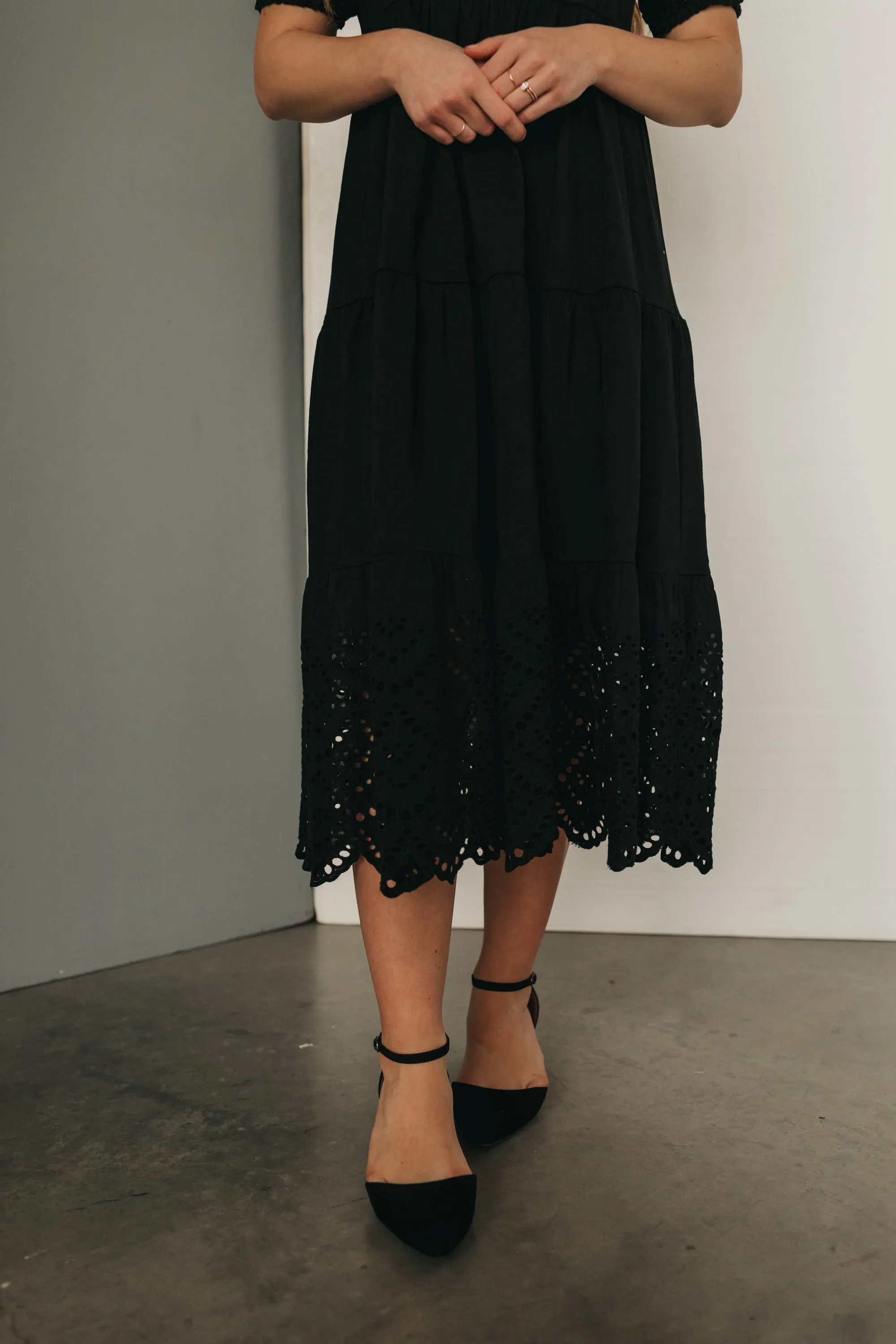 Cindy Eyelet Midi Dress in Black