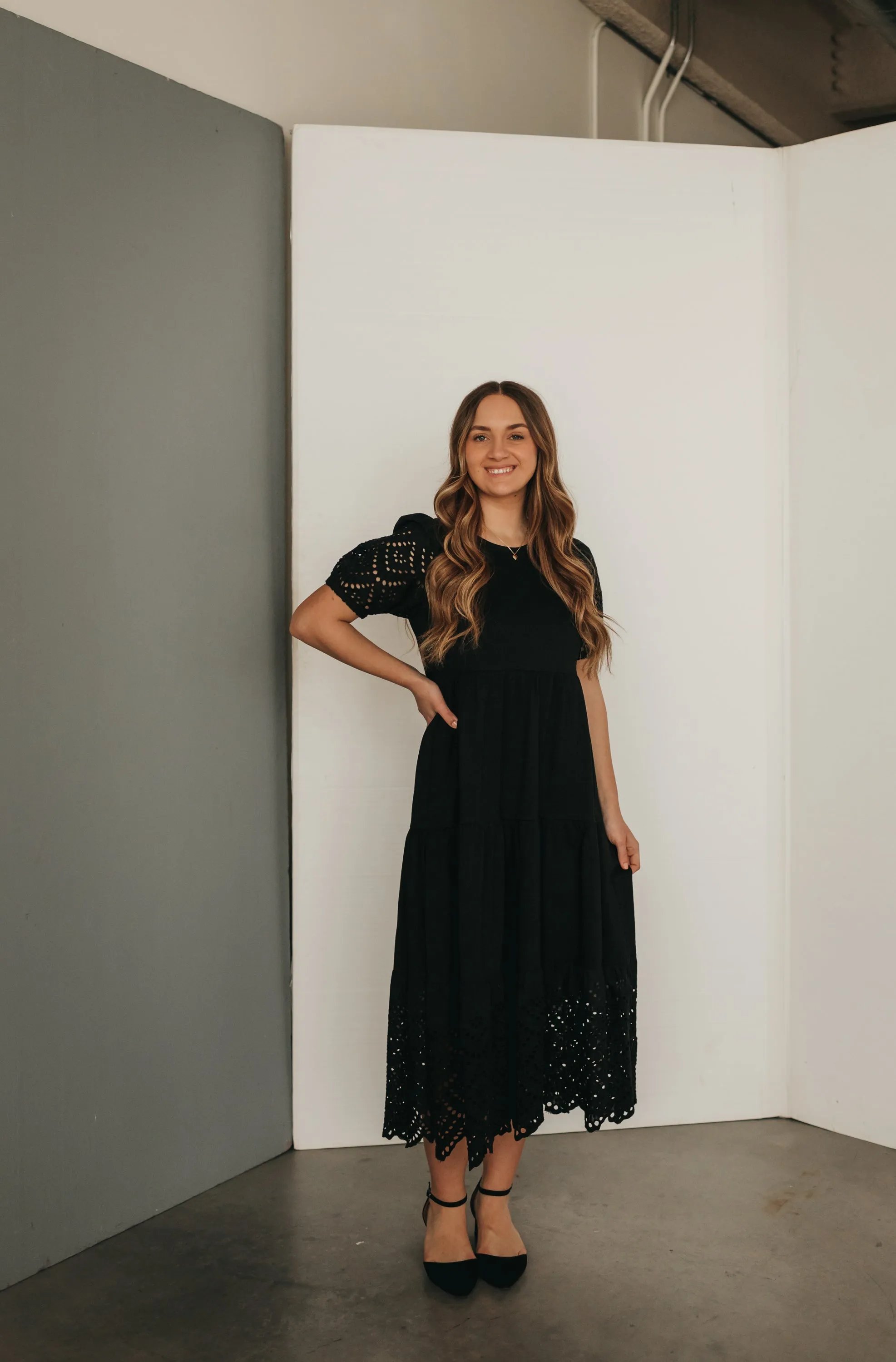 Cindy Eyelet Midi Dress in Black