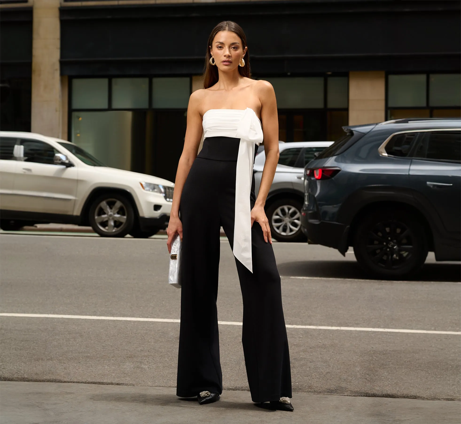 Colorblock Crepe Strapless Jumpsuit With Bow Accent In Black White