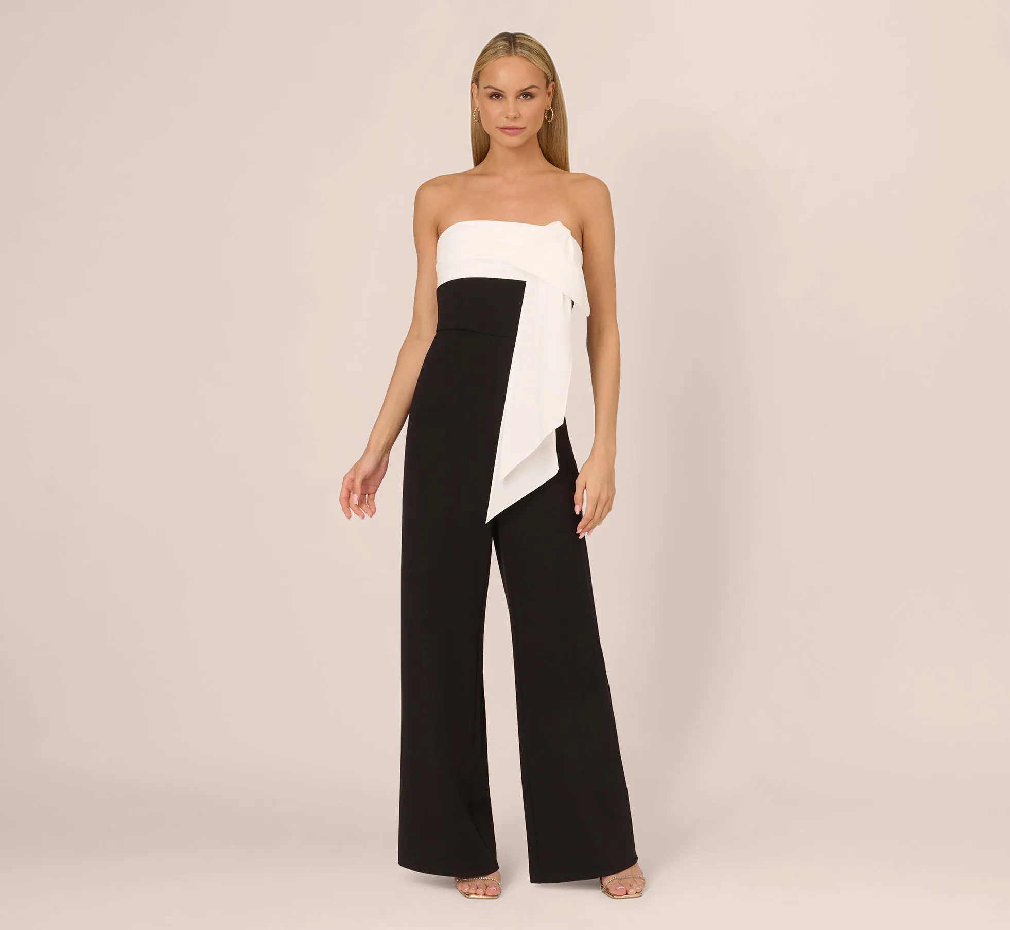 Colorblock Crepe Strapless Jumpsuit With Bow Accent In Black White