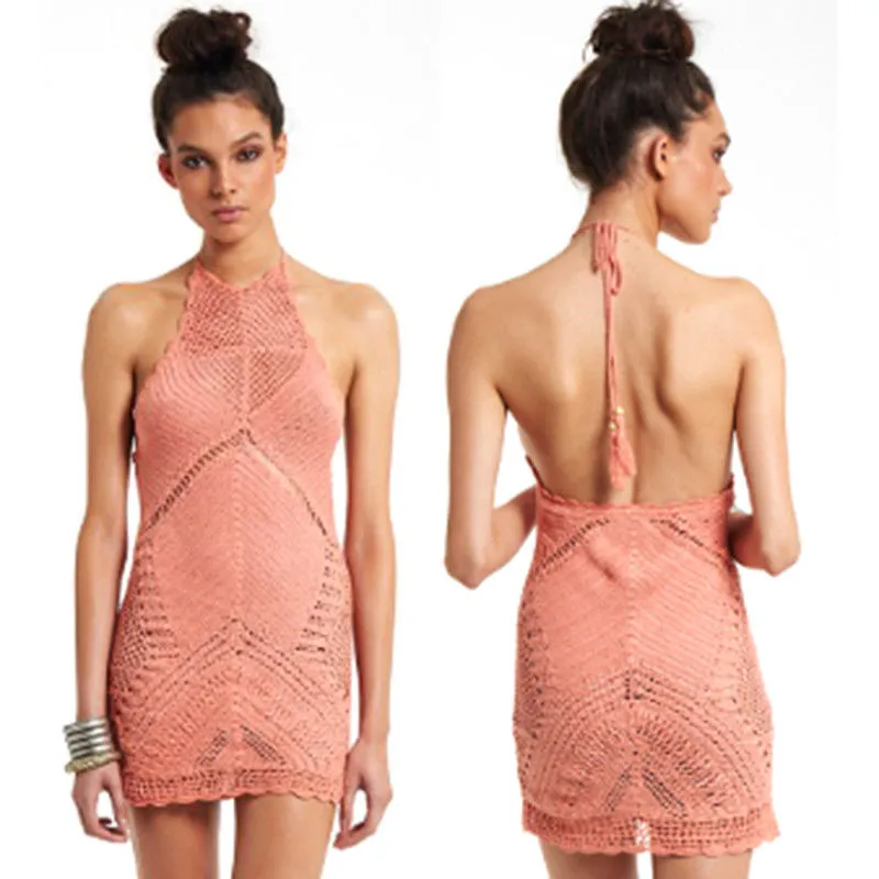 Coral Crochet Dress "Palm Springs" Halter Neck Peach Festival Mini Swimsuit Cover Up One Size