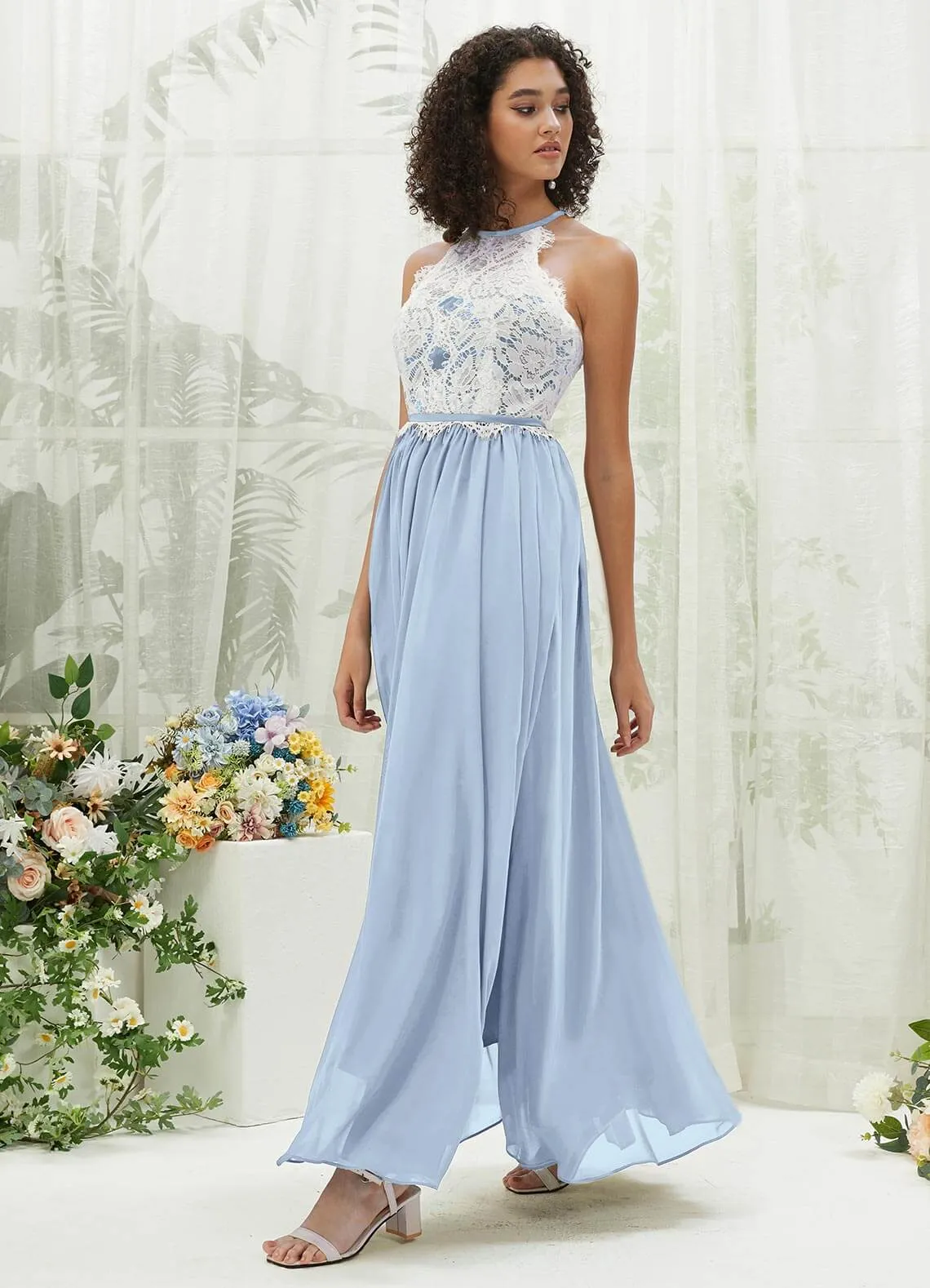 Cornflower Blue Lace Halter Neck Backless Chiffon Slit Bridesmaid Dress