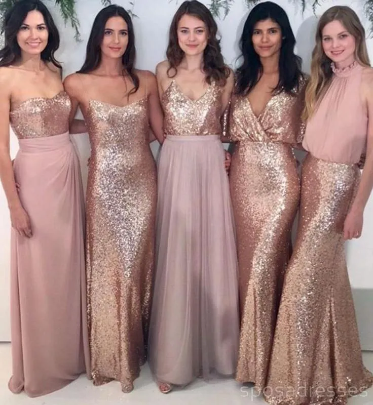 Custom Sparkly Mismatched Sequin Long Bridesmaid Dresses, BD103