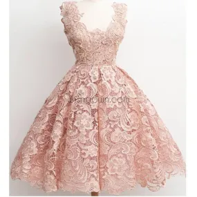 Dark Pink Lace Floral prints Vintage tea length elegant casual homecoming prom dresses,BD00128