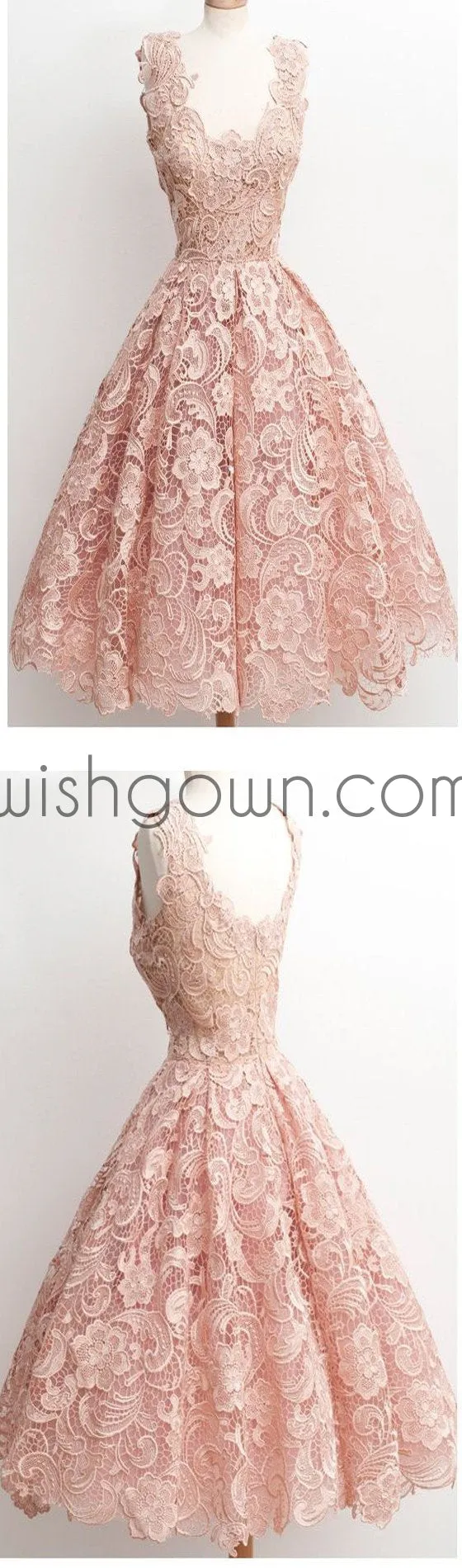 Dark Pink Lace Floral prints Vintage tea length elegant casual homecoming prom dresses,BD00128