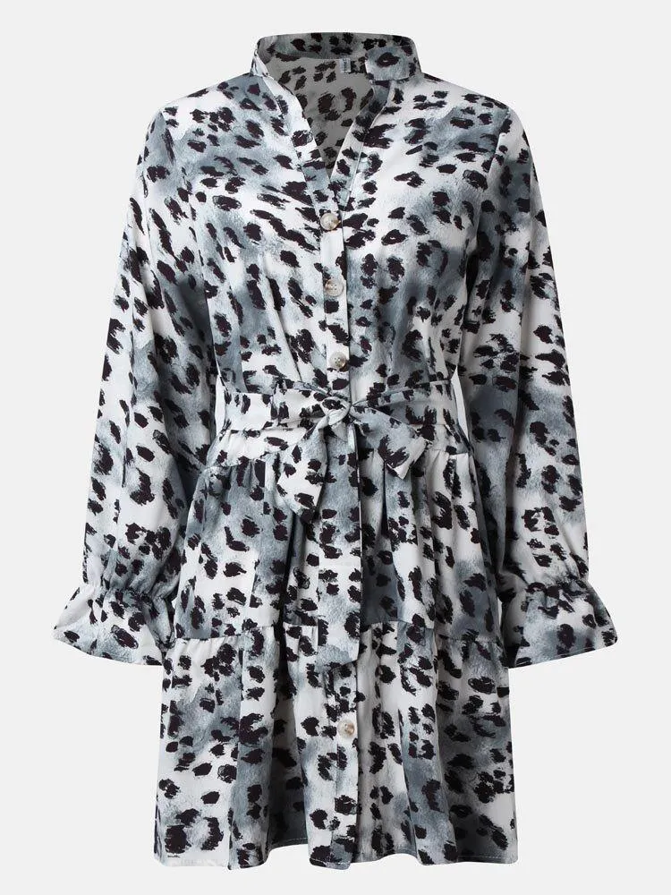 deanwangkt Leopard Print Stand Collar Long Sleeve Button Knotted Dress