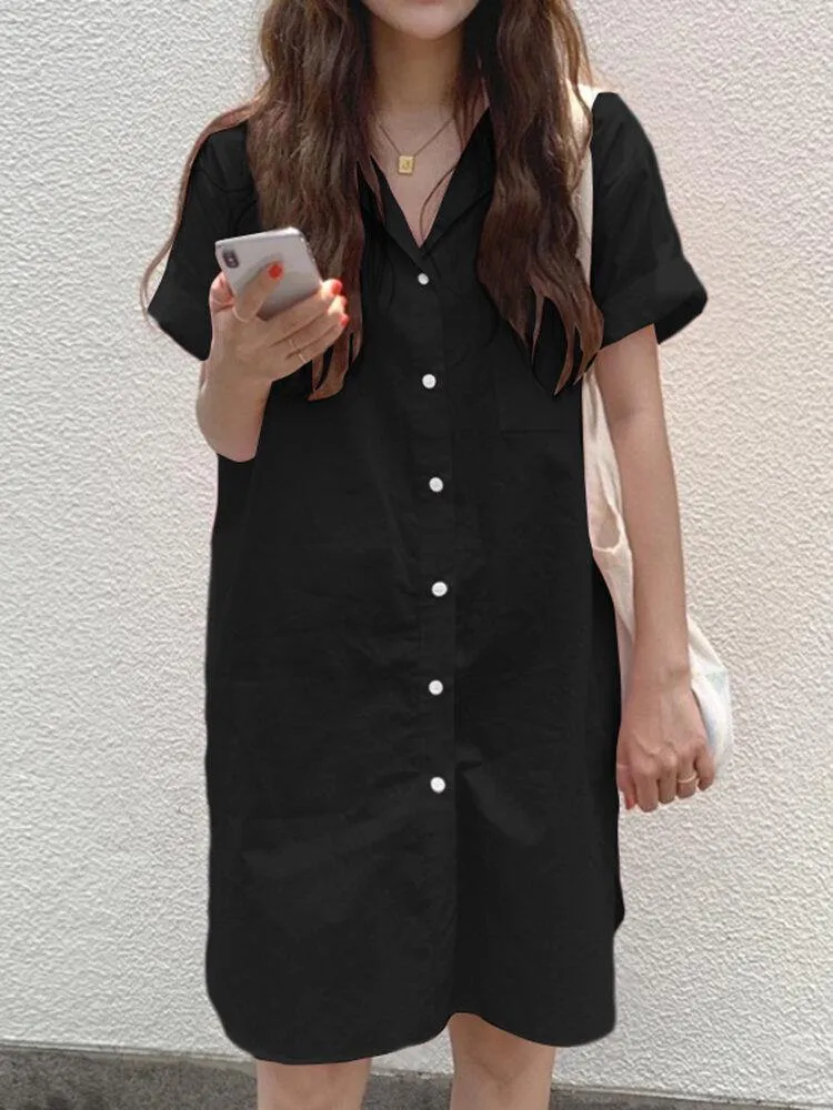 deanwangkt Solid Casual Lapel Short Sleeve Button Shirt Dress With Pocket