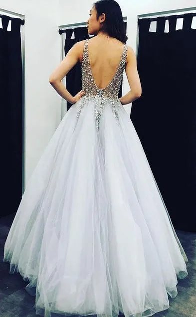 Deep V-neck Open Back Long Prom Dresses with Beading,Evening Dresses,Formal Dresses,BP565