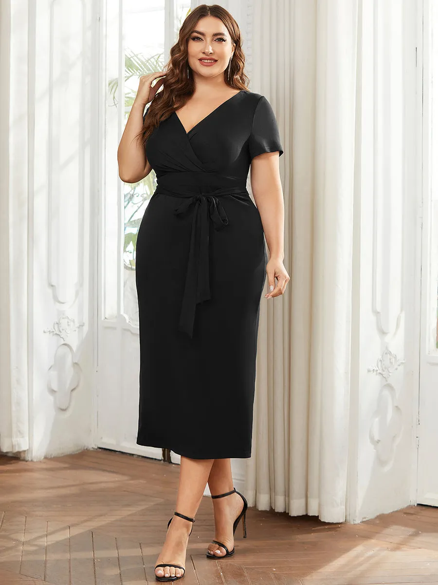 Deep V Neck Short Sleeve Wholesale Cocktail Dresses With Belt