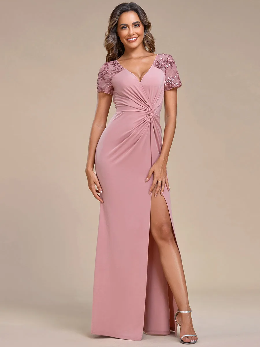 Deep-V Side Split Appliques Ruched Belt Wholesale Evening Dress