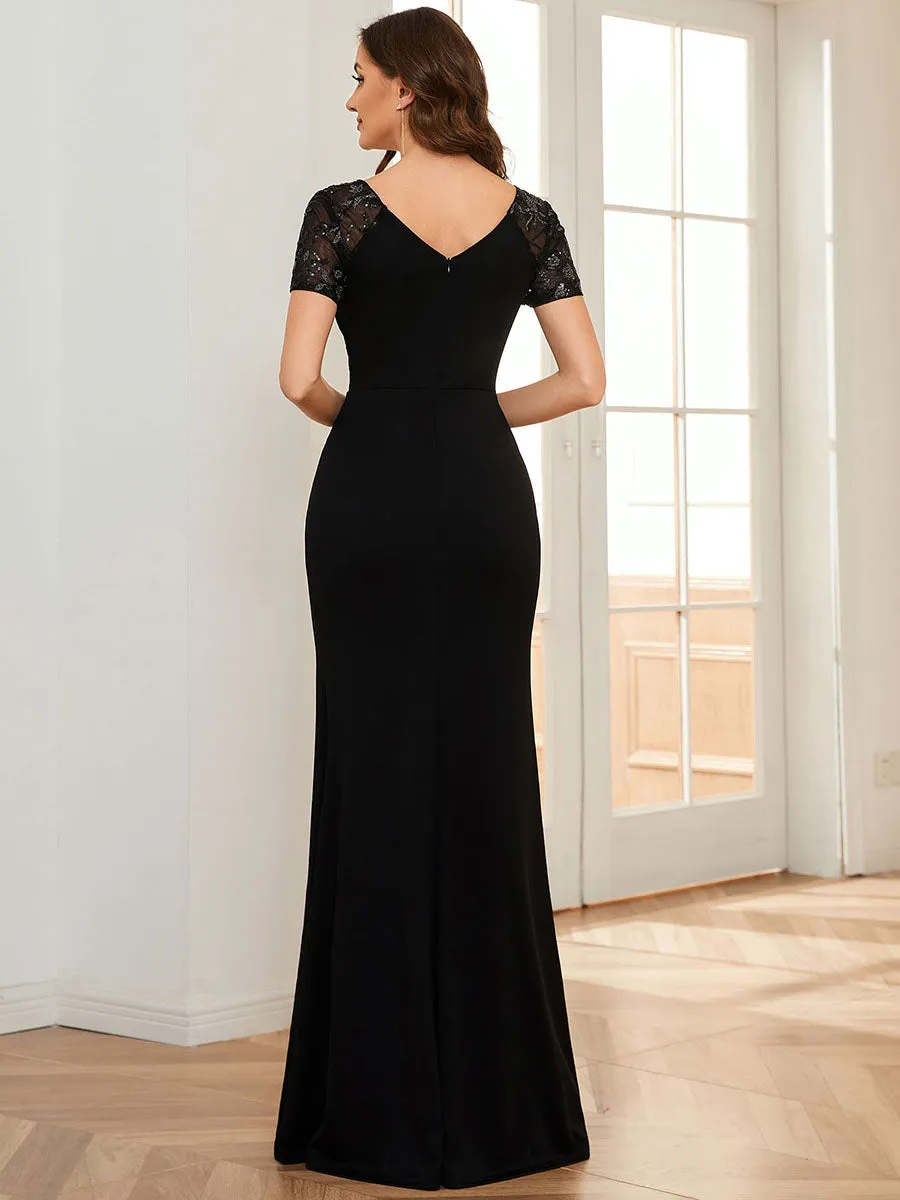 Deep-V Side Split Appliques Ruched Belt Wholesale Evening Dress