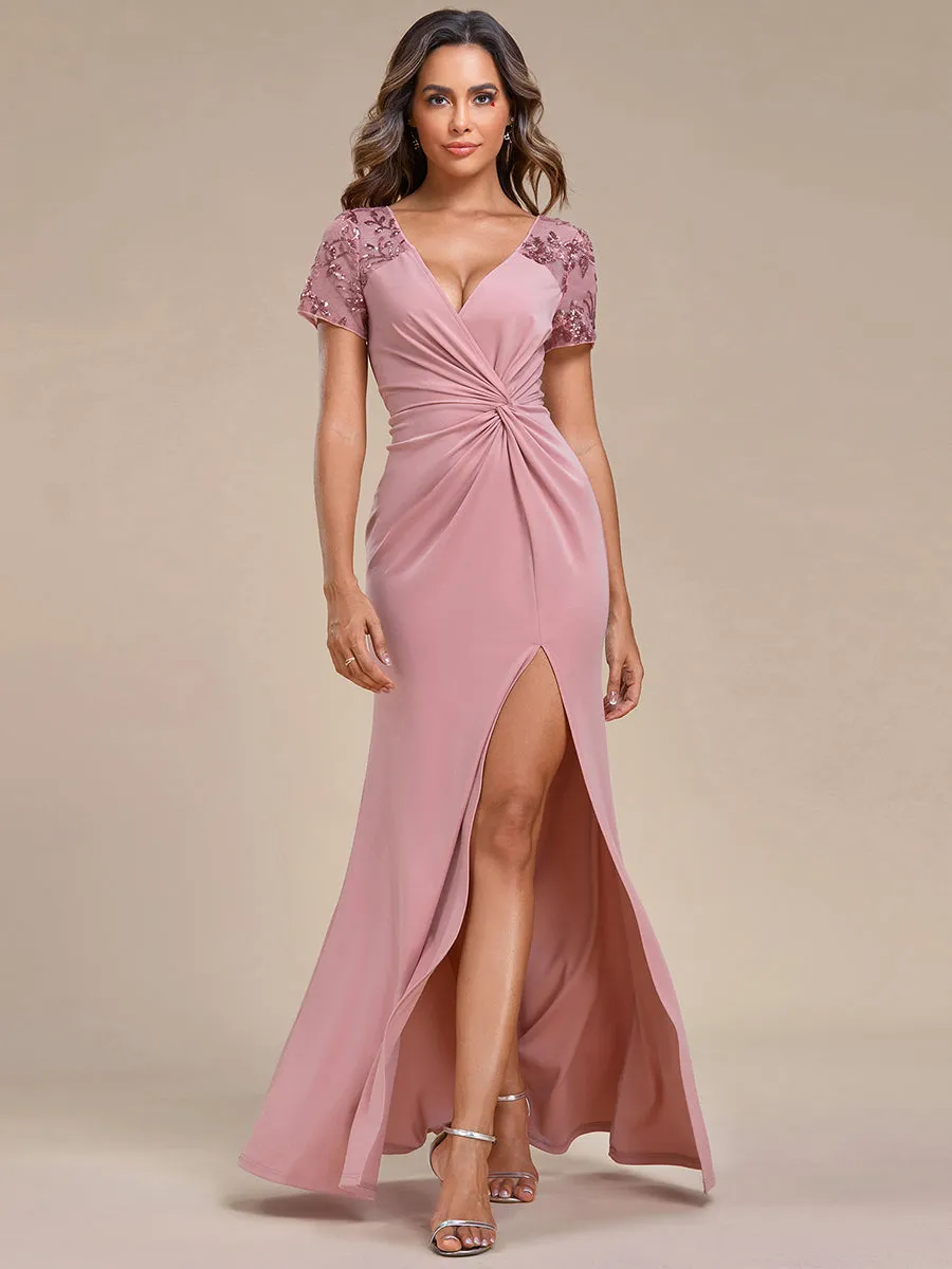 Deep-V Side Split Appliques Ruched Belt Wholesale Evening Dress