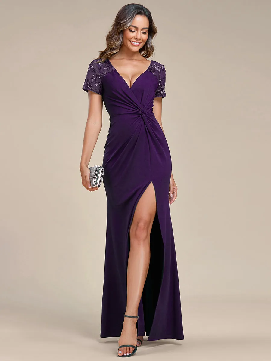 Deep-V Side Split Appliques Ruched Belt Wholesale Evening Dress