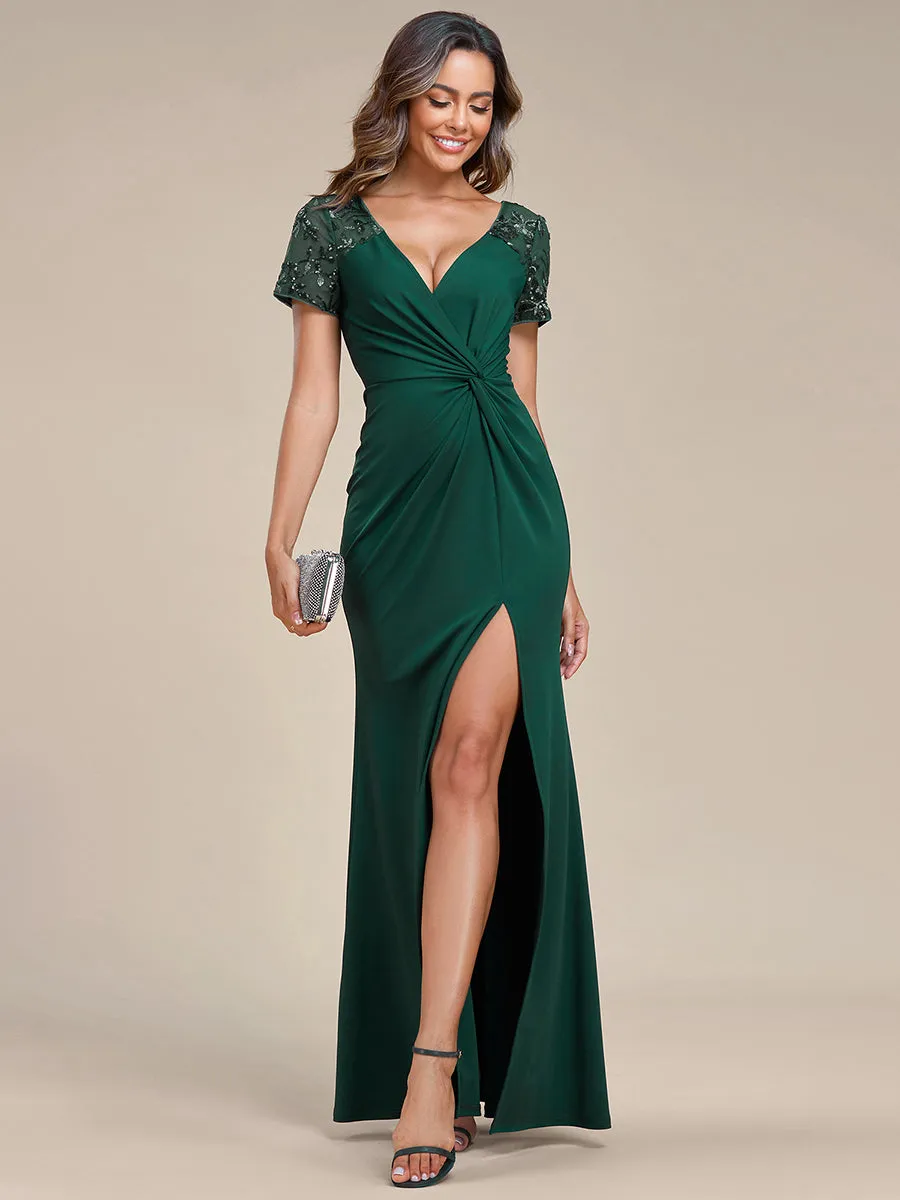 Deep-V Side Split Appliques Ruched Belt Wholesale Evening Dress