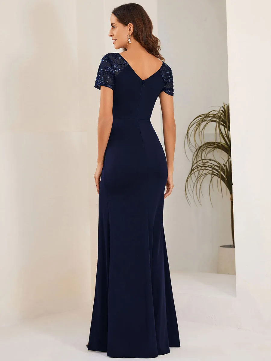 Deep-V Side Split Appliques Ruched Belt Wholesale Evening Dress