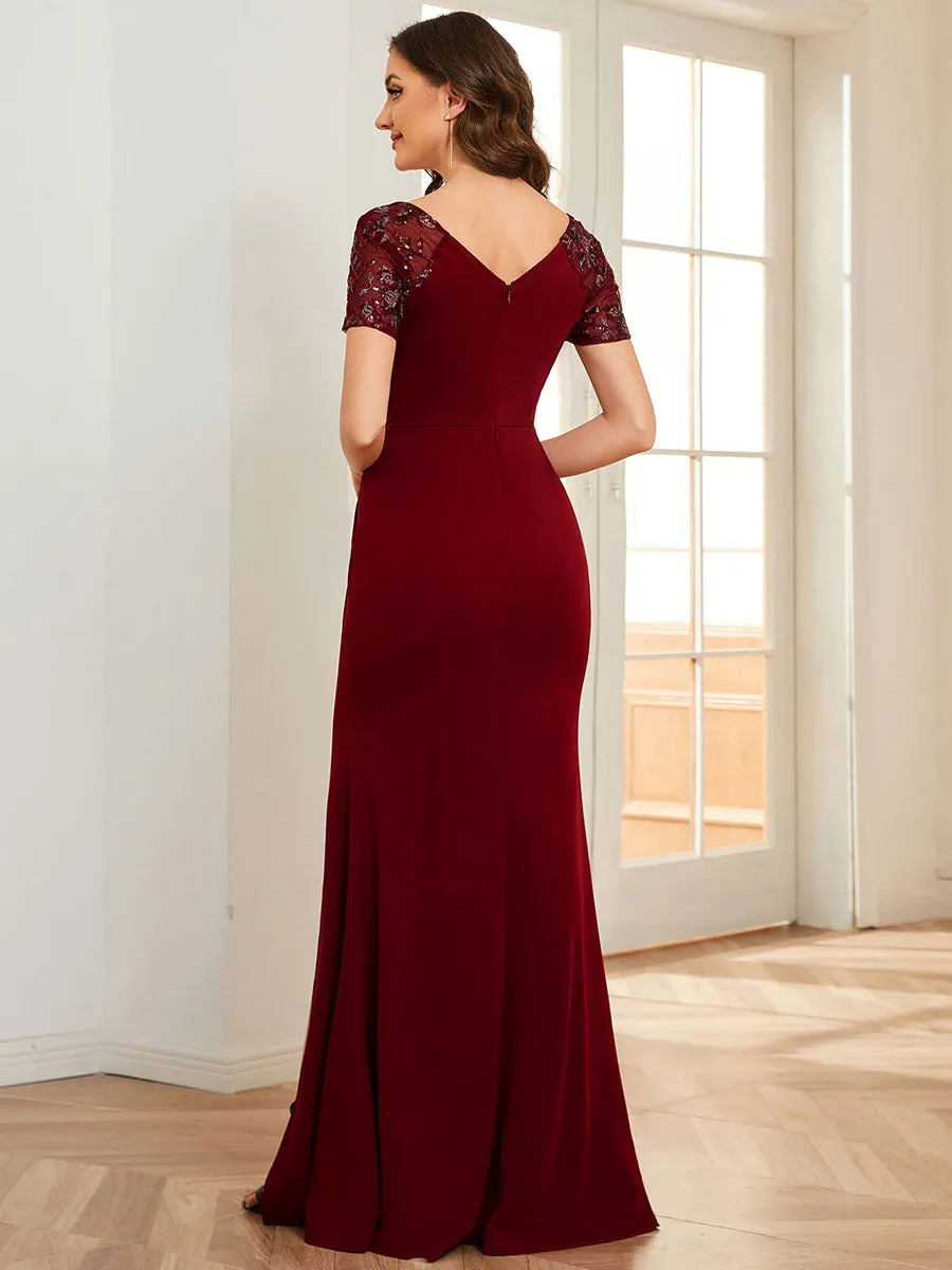 Deep-V Side Split Appliques Ruched Belt Wholesale Evening Dress