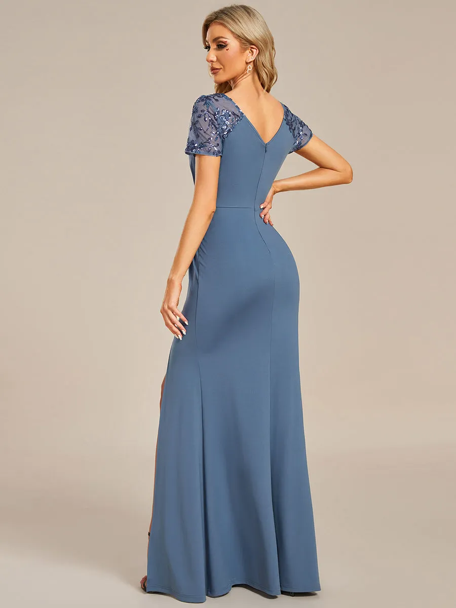 Deep-V Side Split Appliques Ruched Belt Wholesale Evening Dress