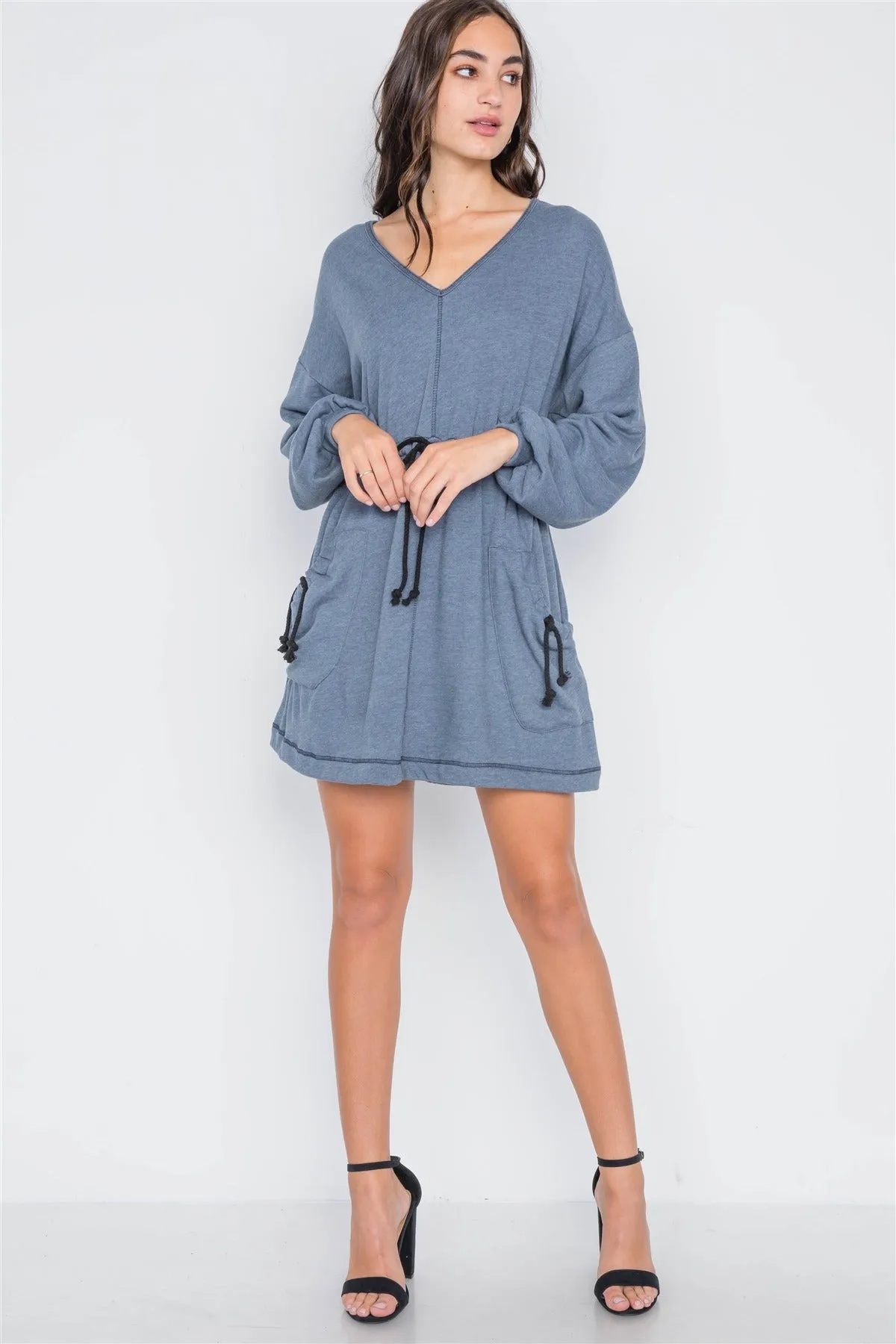 Denim blue knit long sleeve sweater dress