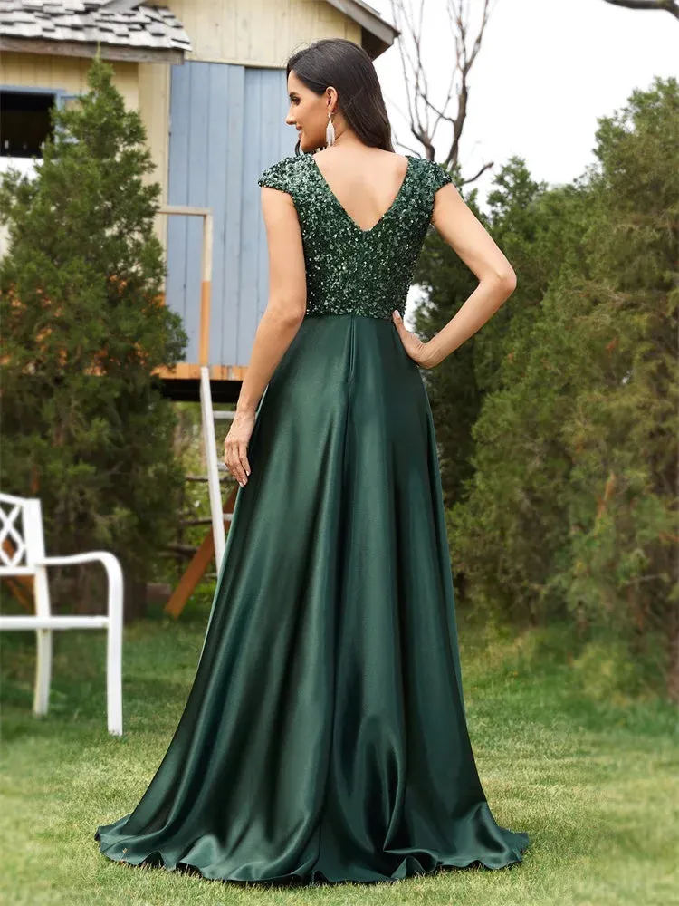 Dk Green Satin Sequin Short Sleeve Evening Dress