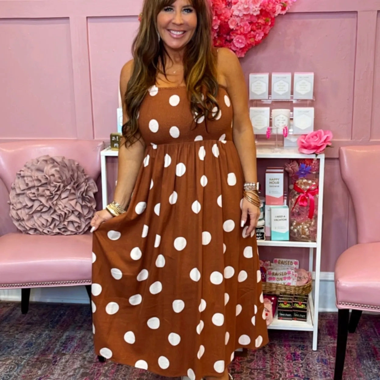 Dot Couture Smocked Brown Midi Dress