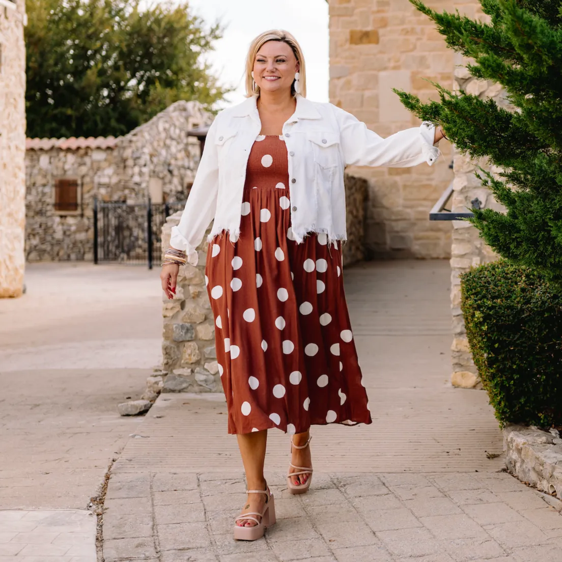 Dot Couture Smocked Brown Midi Dress