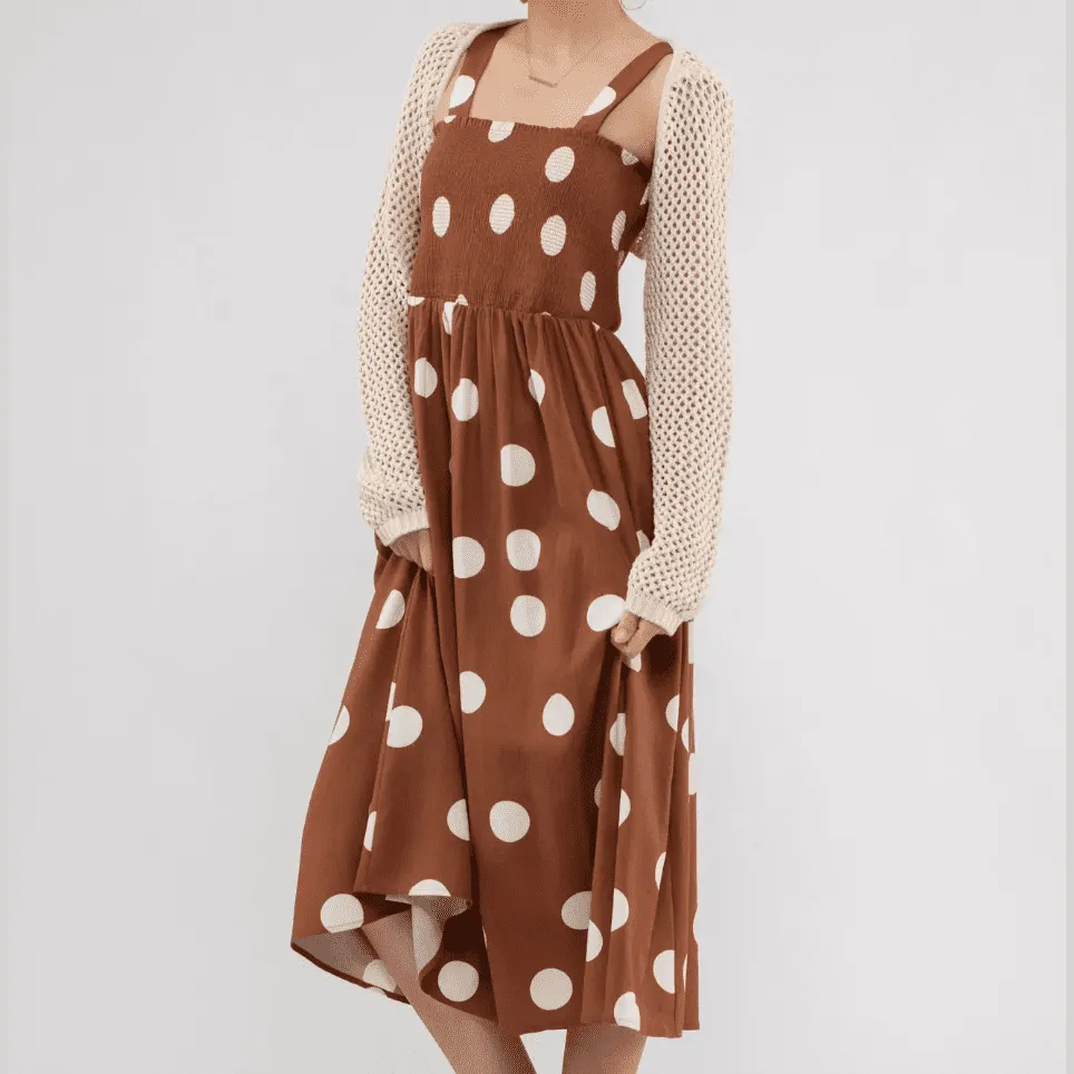 Dot Couture Smocked Brown Midi Dress