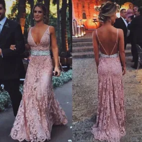 Dusty Pink Deep V Neck Open Back Lace Long Prom Dresses, WG596