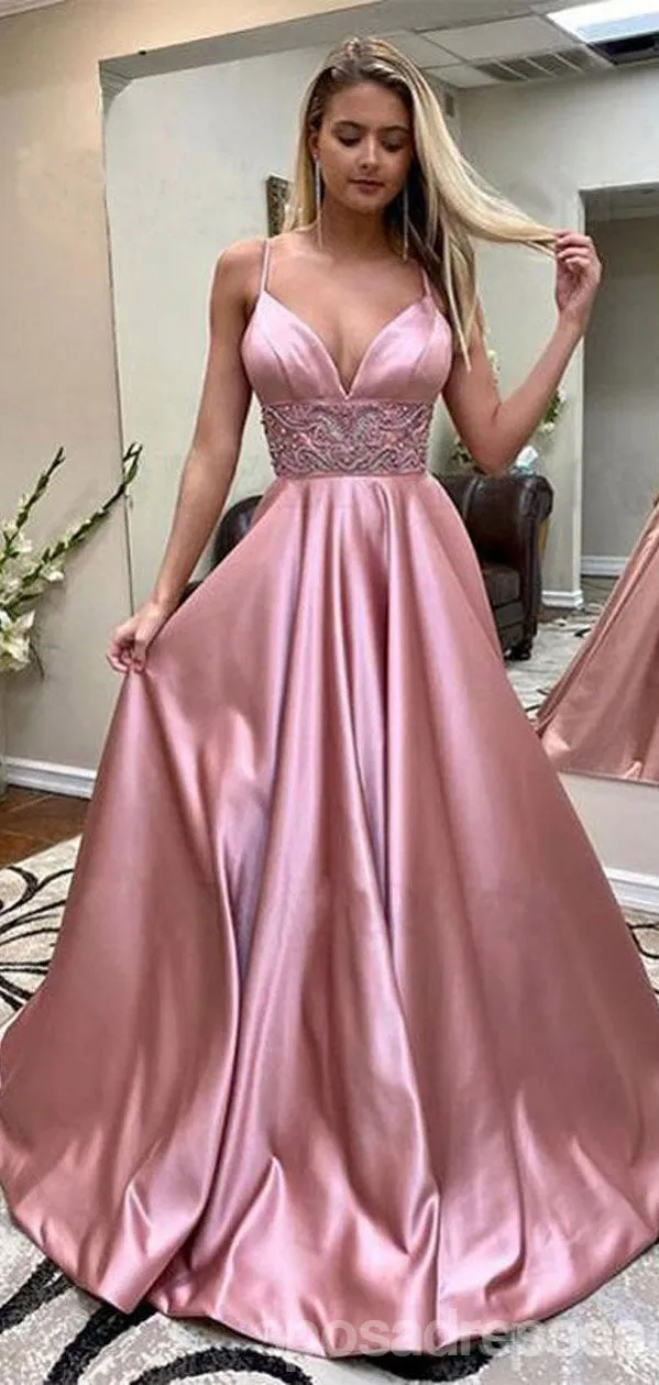 Dusty Rose A-line Spaghetti Straps V-neck Long Prom Dresses Online,12605